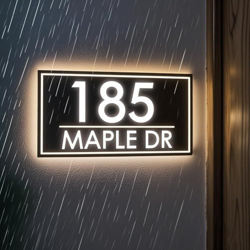 Custom Solar LED House Number Sign for Outside, Personalized Lighted Houses Numbers for Outdoor, Custom Lighted Address Signs for Houses, Waterproof Backlit House Numbers for House, Garage, Front Door
