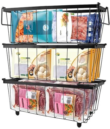 Tefola Chest Freezer Organizer, Stackable Freezer Organiser Bins, Hanging Metal Refrigerator Storage Rack with Handles, Sort Frozen Food Kitchen Organization for Deep Freezer (Black, 3PCS)