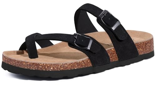 Litfun Women's Suede Cork Footbed Sandals with Adjustable Buckle Black 39