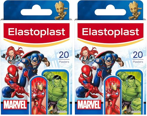 Elastoplast Marvel First Aid Plasters for Children - Assorted Sizes with Superhero Designs, Easy Removal and Skin-Friendly (20 Pieces, Pack of 2)