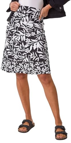 Roman A-Line Skirt for Womens UK - Ladies Knee Length Skirts Stretchy Elasticated Waist Smart Casual Work Cotton Contrast Detail Shape Spring Summer Holiday - Noir Palm - Size 18
