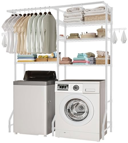 VEVOR Étagère de rangement pour lave-linge et sèche-linge à 6 niveaux, étendoir à linge avec tringle et crochets, étagères réglables à deux rangées, gain de place, pour buanderie, salle de bain, blanc