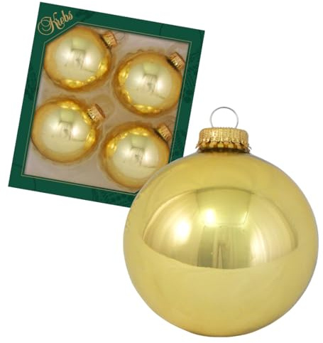 Krebs Glas Lauscha - Christbaumschmuck/Christbaumkugeln - Box mit 4 goldfarbigen Kugeln aus Glas in Einer Größe von 8cm