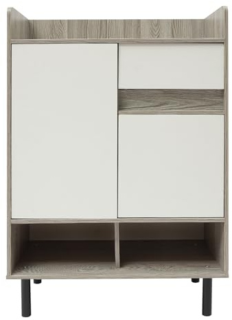 WooDerson Zapatero con puertas, zapatero independiente con cajón, pie zapatero para pasillo, salón, dormitorio, 60 x 32 x 90 cm (color blanco + pino)