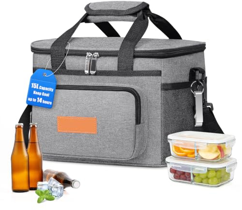 KAEFUYS 15L Insulated Lunch Bag Large Cooler Bag Picnic Bag with Adjustable Shoulder Strap Leakproof for Work School Camping Travel Picnic （Grey）