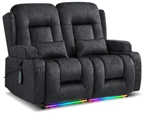 LIFTSHA Zweisitzer Relaxsessel Elektrisch mit Liegefunktion, Fernsehsessel Elektrisch Verstellbar mit Massage & Heizung, TV Sessel Heimkino Sitze für Wohnzimmer, Samt, Grau