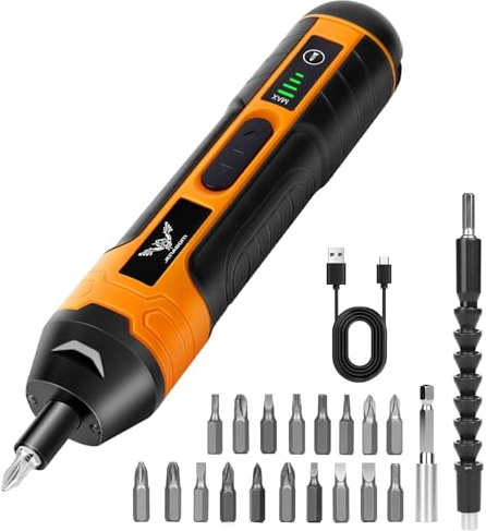 JENABOM Electric Cordless Screwdriver, 3.6V Rechargeable Screwdriver, 5N.m Max Torque, 4-Gear Torque, LED Light,18 Pcs
