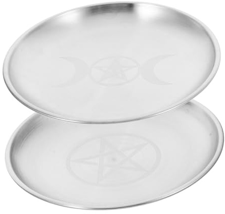 STOBAZA Bandeja Redonda de Metal Plata Pack de 2 Piezas Diseño Único de Hierro, Acabado Brillante para Joyas y Rituales Adecuado para Decoración de Oficina y Hogar