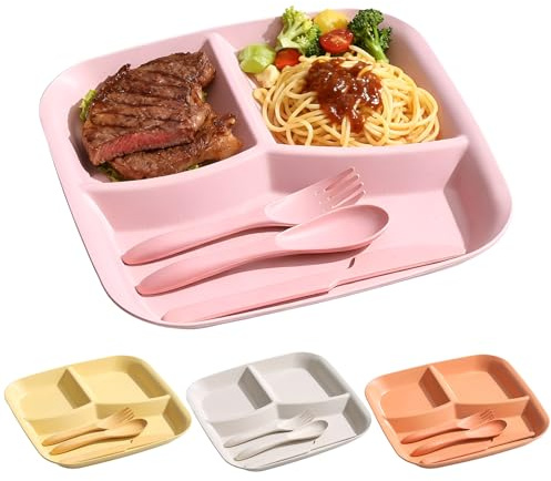 4 Stk Portionskontrolle Geteilte Teller mit Unterteilung, Speiseteller Set mit Messer Gabel Löffel, 25 × 22,5 cm Unzerbrechliches Geschirr, Wiederverwendbare Menüteller für Erwachsene & Kinder