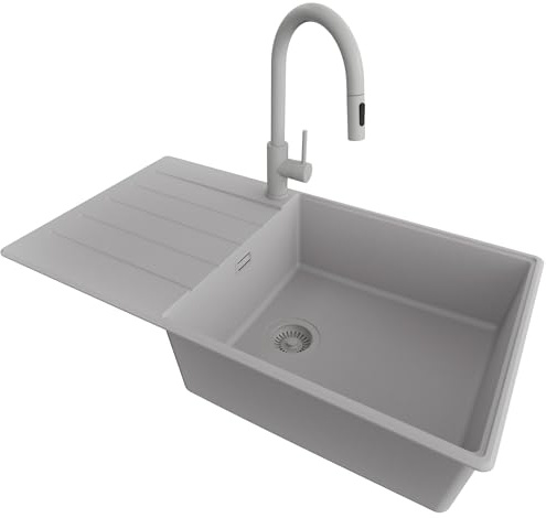 PRIMAGRAN Fregadero Granito al Mueble 60cm + Grifo, 90x50cm | Set: Grifo BW9010 + Kit de desagüe (sifón, válvula, rebosadero) + Copenhague Top 1 Seno para Cocina, Todo Gris