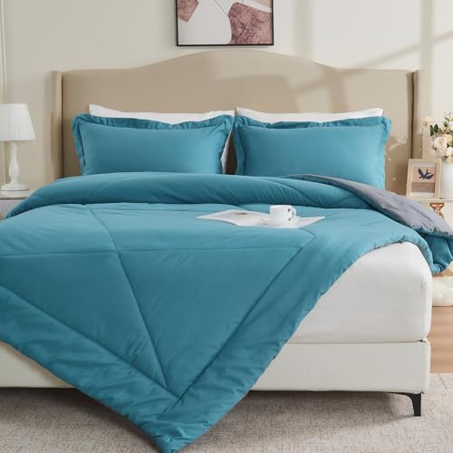 beeweed Coverless King Summer Duvet 4.5 Tog - 230x220cm, Teal Blue & Grey | Summer Lightweight, Reversible, Includes Matching Zipper Pillowcase, Machine Washable