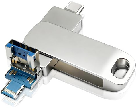 Clé USB 256GB, 3 in 1 Cle USB GO, Cle Type-C & Type-A & Lightning pour Smartphone, Métal Pivotant pour PC/Ordinateur Portable/Tablette,Téléphone, Transfert Haute Vitesse, Double Rotation (Argent)
