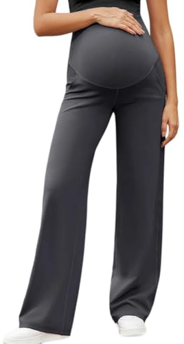 MISSMAO Pantalons de Maternité, Pantalon de Grossesse pour Femme, Pantalon Décontracté de Taille Haute Abdominal Panel sur Le Ventre avec Poches,Gris,L