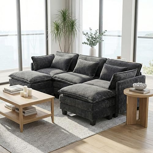 Pipishell Sectional Couches for Living Room, 110.6 U-Shaped Modular Sectional Sofa, 5-Seat Chenille Deep Seat Cloud Couch with 2 Movable Ottomans & Throw Pillows, Grey