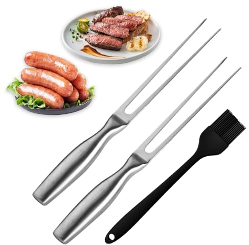 Juego de 3 tenedores de carne y cepillo de aceite, tenedor de carne de acero inoxidable, tenedor de trinchar con mango ergonómico, tenedor de barbacoa, para barbacoa, trinchar, pavo, asado, cena