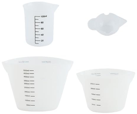 TOGEVAL Set 4 Tazze Dosatrici in Silicone Alimentare, Misurini Graduati da 10ml, 100ml, 250ml e 500ml, Design Semitrasparente Antiaderente per Cucina e Miscelazione Resina Epossidica