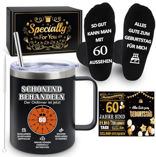 YSUVIN 60 Geburtstag Männer, Personalisiert Lustig Ideen Geschenk zum Papa Kollege Mann Freund Geburtstag Geschenk, Schonend Behandeln der Oldtimer ist Jetzt 40, Schwarz Thermobecher 350ml
