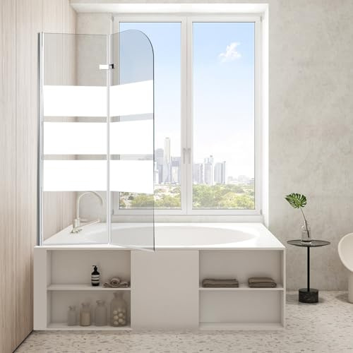 Jayseuw Duschwand für Badewanne 100x140cm 2-teilig ESG-Glas - Weiß | 6mm ESG Sicherheitsglas; faltbar; für Badewannenaufsatz; wasserdicht; einfache Montage; silberner/weißer Aluminiumrahmen; Dus