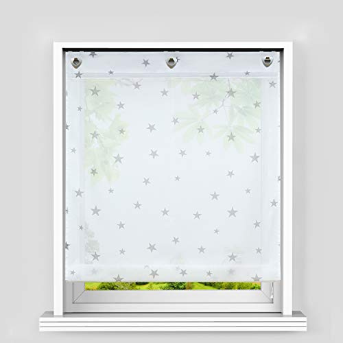 Heichkell Voile Ösen Raffrollo Sterne Muster Transparente Raffgardine mit Haken Feltenrollo ohne Bohren Kinderzimmer Vorhang BxH 120x140cm Weiß-Grau