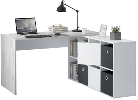 Dmora Scrivania 139x136x74h cm Bianco Modulabile Angolare, 6 Ripiani