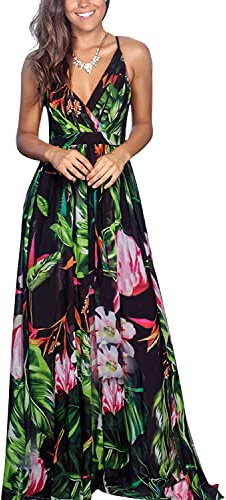 BUOYDM Robe Longue Femme Ete Robe de Plage Boheme Maxi Robe de Soirée Élegante Cocktail Chic Noir+Vert S