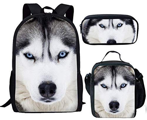 Binienty 3-in-1-Rucksack mit Lunchtasche und Federmäppchen für Kinder, Jungen, Mädchen, Schulschulranzen, Husky-Hund, Einheitsgröße,