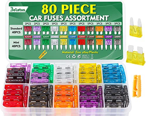 Bolatus 80Pcs Car Fuses - Mini/Standard Blade, 2A-40A, Caravan, Motorcycle, Truck, RV Fuse Puller