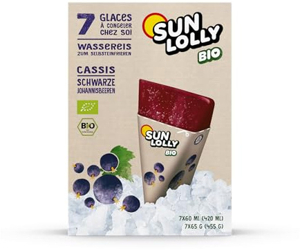 Sun Lolly Bio Wassereis Schwarze Johannisbeere 7 Stk | Mit Fruchtsaft | Zum Selbsteinfrieren | Ohne künstliche Aromen | Frei von Süßungsmittel | Laktosefrei | Glutenfrei | Vegan | 7 x 60ml