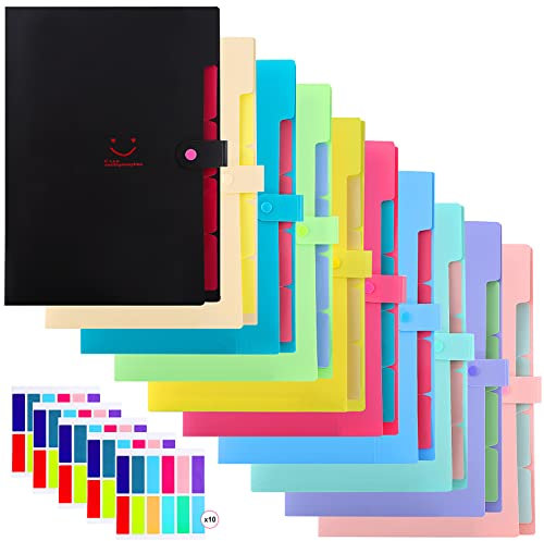 JEFFOUOO 10 Stück Dokumentenmappe A4 Fächermappe, Ordnungsmappe Mit Druckknopf, Erweiterbar Ordner 5 Fächer, Dokumenten-Organizer Mit 120 Etiketten für Büro, Schule, Hause (10 Farben)