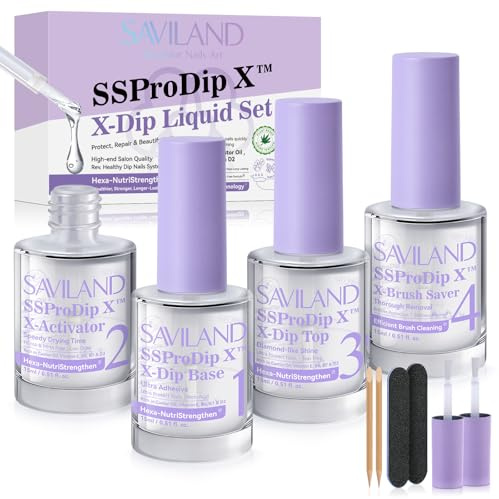 SAVILAND Dip Powder Liquid Set: 15 ml/0.5 Fl.oz Nail Dipping System Essentials for Beginners - HEMA-free Dip Base, Top, Activator, Brush Saver - Strengthen Nails DIY at Home, No Nail Lamp Needed