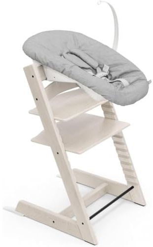 Tripp Trapp Stokke Stuhl (gebleicht) mit Newborn Set (grau) ab der Geburt bis 9 kg verwendbar - bequem, sicher und einfach in der Anwendung