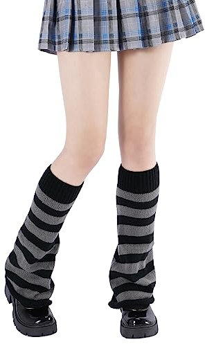 Durio Warme Stulpen Damen Gestrickte leg warmers y2k lange Beinwärmer für Cosplay Halloween Party und Yoga japanische sommer dünne beinstulpen Gothic socken Graue und schwarze Streifen Einheitsgröße