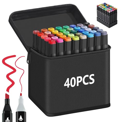 Camiki Art Alkohol Marker mit zwei Spitzen, Alkoholmarker Stifte,Filzstifte Dicke und Dünne, Grafikstifte, Permanent-Kunstmarker-Set mit Tragetasche, Doppelmarker zum Zeichnen, Gestalten (40PCS)