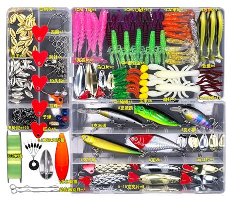 TUXIBIN 373PCS Angeln köder, Angelköder gemischt einschließlich Spinner, VIB, Höhenhaken, Einzelhaken, Drehgelenke, Führer, etc.für Süßwasser-Salzwasser-Fischen