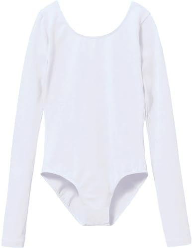 MdnMd Classic Basic Long Sleeve Gymnastic Ballet Dance Leotard for Girls Children Bodysuit Outfit (White, AM19, Age 10-12)