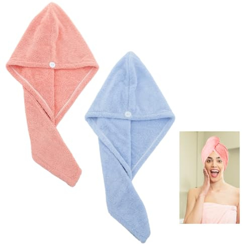 2 Stück Mikrofaser Handtuch Haare,Haarturban,Hair Towel,Microfaser Handtücher SuperSaugfähiges Haarhandtücher Haarkappe,mit Knöpfen Microfiber Verdrehter Turban Rapid Saugfähig für Drying Lange Haar