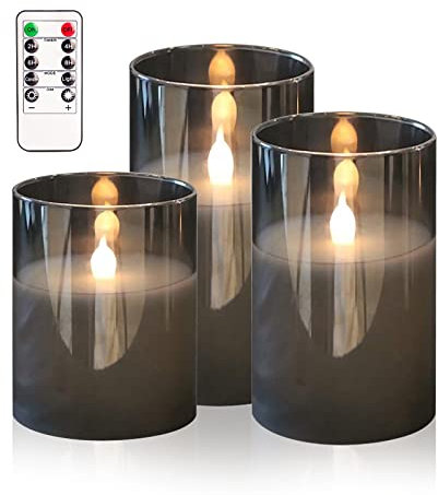 HIYAA LED Flammenlose Kerzen, Graues Glas Batteriebetriebene Kerzen Flackern mit Fernbedienung,3D Docht Realistisches Warmes Licht LED Kerzen Flackern mit Timer für Hochzeit Party Weihnachtsdekoration