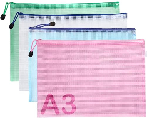 4 Stück Dokumententasche A3 - Dokumentenmappe Zip Tasche Kunststoff, Wasserdichte Mesh Beutel mit Reißverschluss, Groß Reißverschlusstasche für Dokumente Kosmetik Reisen (4 Farben)
