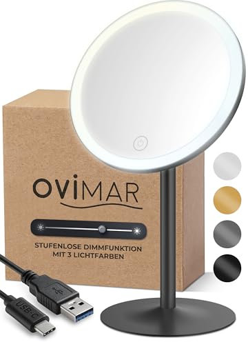 ovimar Kosmetikspiegel Skorpa schwarz | mit Beleuchtung | wiederaufladbar | freistehend | im Badezimmer | 5fach Vergrößerungsspiegel | Schminkspiegel mit Licht | 360 Grad Spiegel