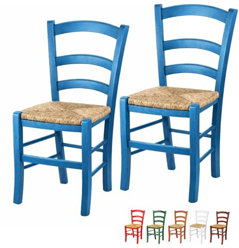 VIRSUS Set 2 Sedie Paesana in Legno con Seduta in Paglia, Misura 43x42x86 cm, Sedia Tradizionale Robusta, per Casa, Cucina, Agriturismo, Ristorante, Made in Italy (Azzurro)