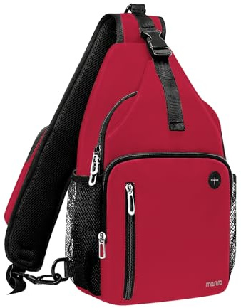 MOSISO Sling Rucksack Tasche, Mehrzweck Umhängetasche Reise Wander Tagesrucksack Brusttasche mit Quadratischer Fronttasche & USB Ladeanschluss, Rot