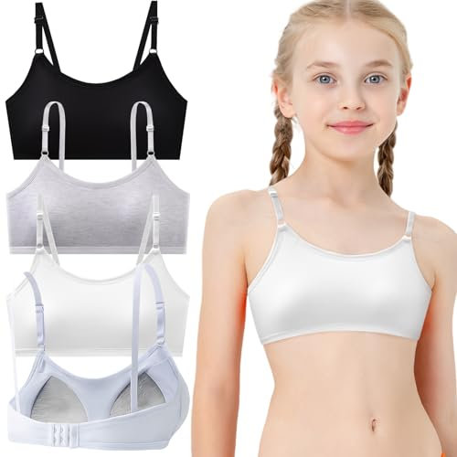 YUFFQOPC 4 Pack Sports Bra for Girls, Cotton Training Crop Bras with Fixed Bust Pad and Adjustable Strap, Training Bras Underwear Crop Tops for Teenage Girls 13-18 Years