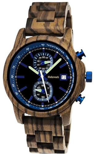 Holzwerk Germany Orologio da uomo, realizzato a mano, in legno, eco-naturale, cronografo, analogico, al quarzo, blu, marrone, nero, data, legno, Blu, marrone., Bracciale