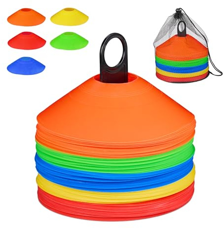 Relaxdays Markierungshütchen Fußball 80er Set, 5 Farben, Halter & Tragetasche, HxD: 5 x 19 cm, PE, Fußballhütchen, bunt