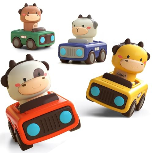 Aiqi Auto Spielzeug ab 1 Jahr Junge und Mädchen, 4 Stück Auto Spielzeug ab 1 2 3 Jahr,Press and Go Spielfahrzeug Set für Kleinkinder 9 12 18 Monate,Kinderspielzeug Geschenk 1 2 Jahr Junge Geburtstag