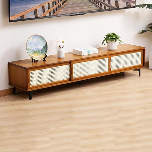 Meuble TV pour téléviseurs de 32 à 65 pouces, armoire basse en bambou avec porte coulissante pour centre de contrôle de divertissement audio et vidéo à domicile, support de rangement