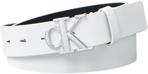 Calvin Klein Donna Cintura Monogram Plaque Buckle 3,0 cm Cintura in Pelle, Bianco (Lily White), 85 cm