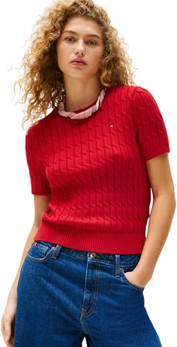 Tommy Hilfiger Donna Pullover Cable Maniche Corte, Multicolore (Medium Red), XS