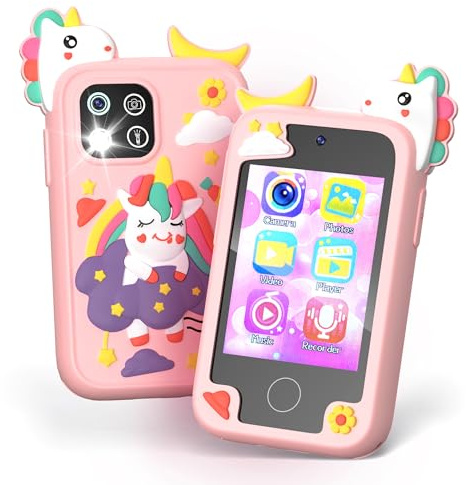 Kids Phone Toy for Boys Girls Age 3-10, 2.8”Touchscreen Phone Toy Gifts with Dual Camera, Learning Games, Music Player and 32GB Card (Pink)