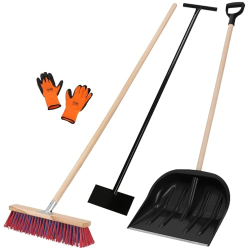 KOTARBAU® Set snöskyffel med trähandtag 137 cm gatukvast med handtag 43 cm isskrapa 119 x 20 cm + handskar, snösläde, snöröjare, snöskyffel, trähandtag för snöröjning